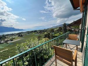 a balcony with a table and chairs and a view at La Vigneronne, Lake view in Arlesheim