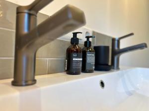 a sink with two bottles of soap and a faucet at Sterrenbos wellness lodge in Beers +37 photos