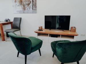 Sala de estar con 2 sillas verdes y TV en "Crystal" Modern retreat, en Dwarsdorf