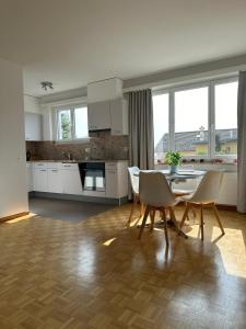 a kitchen and dining room with a table and chairs at Minusio Swiss Vacances in Minusio +9 photos