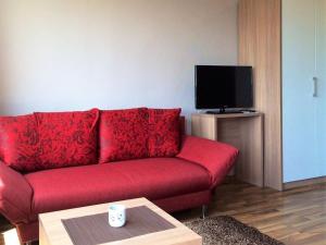- un canapé rouge dans le salon doté d'une télévision dans l'établissement Saaleland Apartment 1, à Schleiz