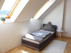 a bedroom with a bed in a attic at Farsighted modern retreat in Annaberg-Buchholz