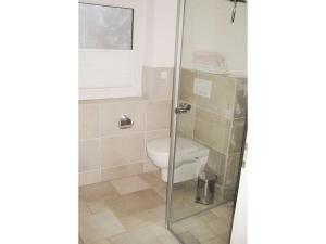a bathroom with a toilet and a glass shower door at Apartment Del Rose in Wilhelmshorst