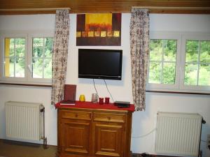 ein Wohnzimmer mit einem Flachbild-TV und 2 Fenstern in der Unterkunft Haus Hiller Modern retreat in Brandenberg