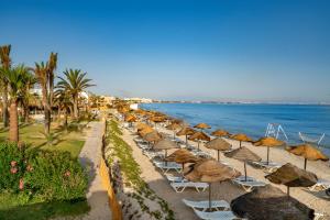 a row of chairs and umbrellas on a beach at Vincci Helya Beach in Monastir