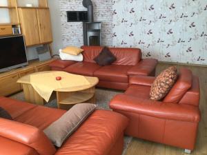 sala de estar con sofá de cuero y mesa en Am Rosengarten Modern retreat, en Sontra
