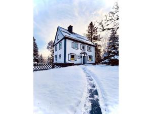 una casa bianca nella neve con un vialetto di The parents' house Modern retreat a Clausthal-Zellerfeld