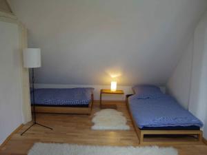 ZankenhausenにあるCozy Cottage Modern Retreatのランプとラグ付きの客室内のベッド2台