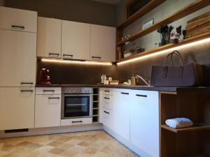 una cocina con armarios blancos, fregadero y bolso en Apartment with private pool, garden en Oppurg