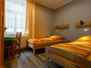 1 Schlafzimmer mit 2 Betten, einem Tisch und einem Stuhl in der Unterkunft Holiday apartments Ender in Sebnitz