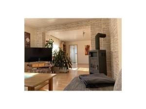 ein Wohnzimmer mit einem Kamin und einem TV in der Unterkunft Holiday apartment Burg-Hohenstein in Burg Hohenstein