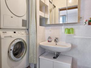y baño con lavadora y lavamanos. en Country house apartment Feldbergblick, en Sankt Märgen