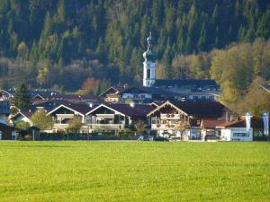 une ville avec une tour de l'horloge et un champ vert dans l'établissement Glitteralm Modern retreat, à Reit im Winkl