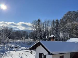een met sneeuw bedekt dak van een huis met een hek bij Oberland Stadlberg in Miesbach