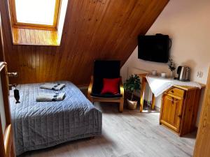 Schlafzimmer mit einem Bett, einem Schreibtisch und einem TV in der Unterkunft Szyper 2 in Jastarnia
