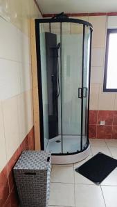 eine Dusche mit Glastür in einem Zimmer in der Unterkunft Appartement les argousiers in Oye-Plage