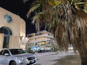 een witte auto geparkeerd naast een gebouw met een palmboom bij Happy House in Francavilla al Mare