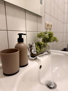 ein Waschbecken mit einem Wasserhahn und einer Flasche Seife in der Unterkunft Wohnung im Zentrum 1 in Magdeburg