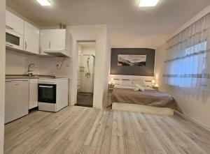 a large bedroom with a bed and a kitchen at Apartmani Central in Mostar