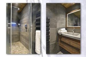 a bathroom with a shower and a sink at La cabane luxury apartment in the heart of the village in La Grave