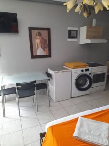 um quarto com uma máquina de lavar roupa e uma mesa em FG HOME RENTAL b em Mirodháton