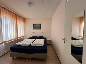 een slaapkamer met 2 bedden en een spiegel bij Crox Houcke 59 in Nieuwvliet