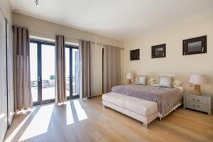 a bedroom with a bed and a large window at Endorikles Villa in Super Paradise Beach