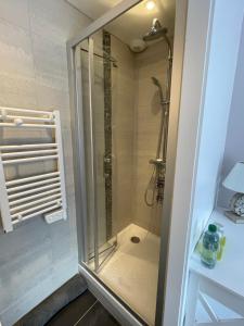 a shower with a glass door in a bathroom at Les Néreides in Saint-Laurent-sur-Mer