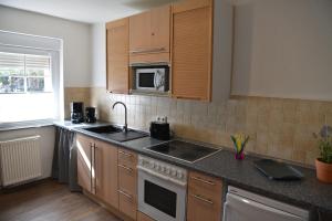 a kitchen with a sink and a microwave at Ferienwohnung am Netzener See in Lehnin