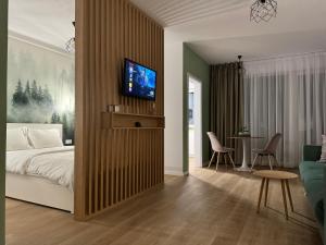 Modern și confortabil في فلورستي: غرفة نوم بسرير وتلفزيون على جدار