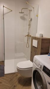 a bathroom with a shower and a toilet and a washing machine at APARTAMENT JARACZA 28/15 in Słupsk