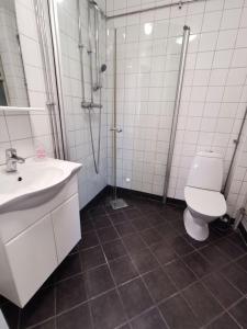 een badkamer met een toilet, een wastafel en een douche bij Västervik rum & Stugor in Västervik