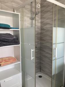 eine Dusche mit Glastür im Bad in der Unterkunft Appartement face mer PROCHE PLAGE in Les Sables-dʼOlonne