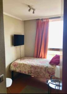 um pequeno quarto com uma cama e uma janela em Luminosa habitacion con baño privado en el centro de Providencia em Santiago
