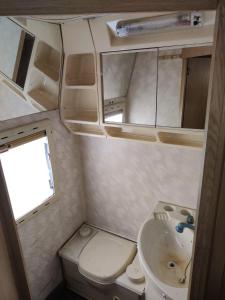a small bathroom with a toilet and a sink at Helsinki's Caravan Adventureヅ in Helsinki