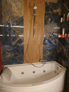 a bath tub with a shower in a bathroom at Luxury apartment in the elite area in Athens