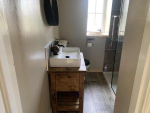 uma casa de banho com um lavatório branco e um chuveiro em Charming 1-Bed Apartment in Alfreton em Alfreton