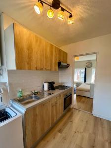 uma cozinha com armários de madeira, um lavatório e um fogão em Le Fleuri em Lille