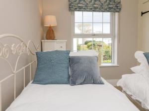 a bedroom with a bed with blue pillows and a window at Applestow in Bideford