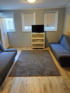 ein Wohnzimmer mit 2 Sofas und einem TV in der Unterkunft Apartament na Cichej in Polanica-Zdrój