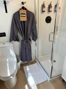 a bathroom with a toilet and a shower at Cracker Cow Cottages - Cottage B in Fort Myers