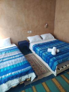 2 Betten in einem Zimmer mit einem Teddybär auf dem Bett in der Unterkunft Guest house Amande in Tinghir