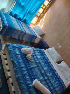 2 Betten in einem Zimmer mit Handtüchern darauf in der Unterkunft Guest house Amande in Tinghir