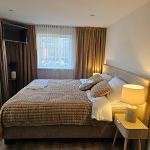 um quarto com uma cama grande e uma janela em One bedroom apartement with terrace and wifi at Lisse em Lisse