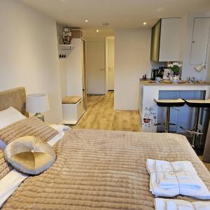uma cama grande num quarto com uma cozinha em One bedroom apartement with terrace and wifi at Lisse em Lisse