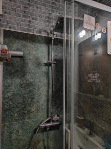 eine Dusche mit Glastür im Bad in der Unterkunft 1 ecological room near Venice airport - in Mogliano Veneto