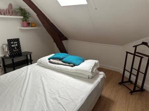 - une chambre avec un lit doté de draps blancs et d'oreillers bleus dans l'établissement Maison de 4 chambres avec jardin clos et wifi a Saint Florentin, à Saint-Florentin