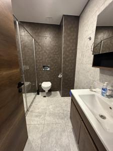 une salle de bains avec douche, toilettes et lavabo dans l'établissement serenityrecidencesitesi, à Alanya