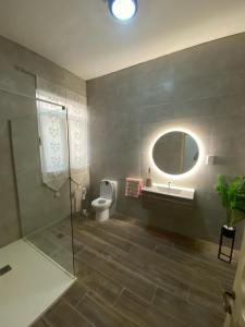 uma casa de banho com um WC, um lavatório e um espelho. em Bright and spacious Double Room, shared bathroom em Tal-Għoqod
