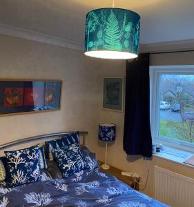 sypialnia z niebieskim łóżkiem i oknem w obiekcie Shaptor Studio w mieście Bovey Tracey